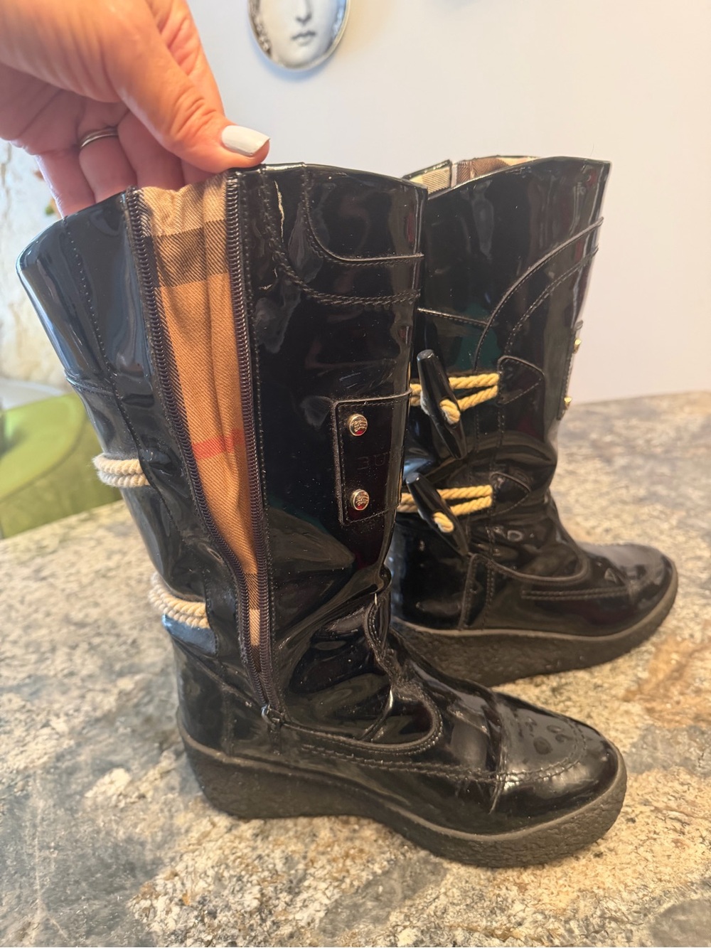 Burberry Black Patent Mid-Calf Boots with Rope Accent
